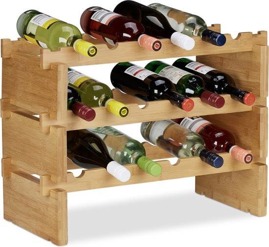 wijnrek stapelbaar - bamboe - voor 18 flessen - uitbreidbaar - 3 etages